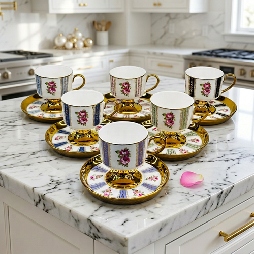 Luxury Floral Gold Rim Tea Cup & Saucer Set of 6