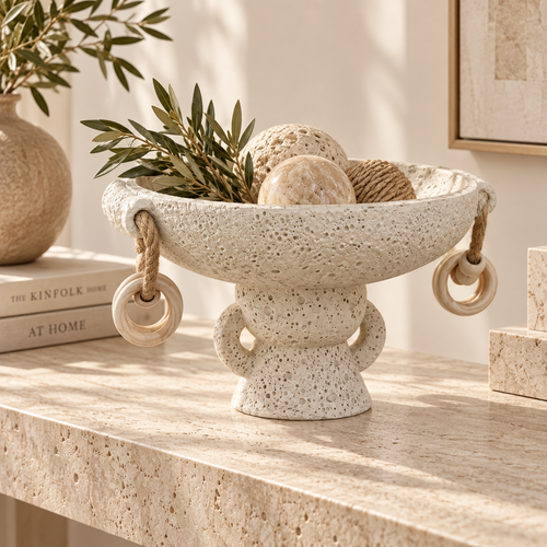 Elegant Volcanic Bowl with Wooden Ring Accents