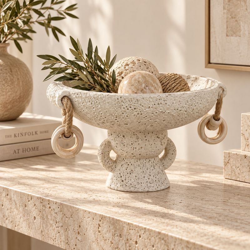 Elegant Volcanic Bowl with Wooden Ring Accents