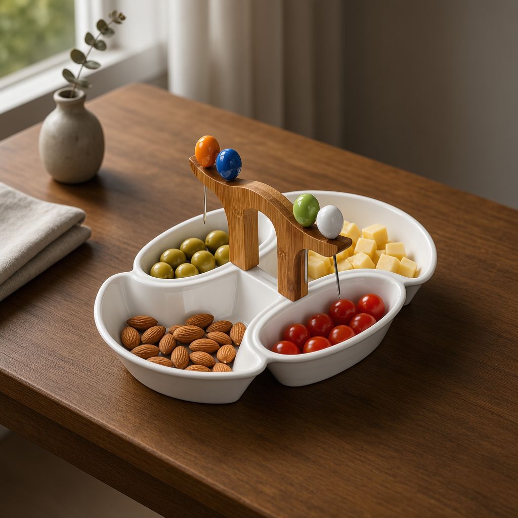 Multi-Compartment Serving Platter with Bamboo Handle & Skewers