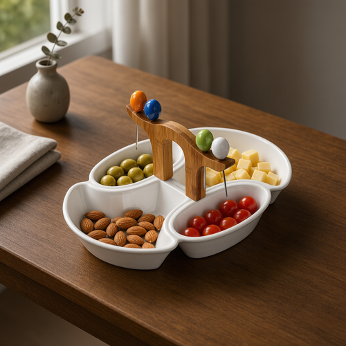 Multi-Compartment Serving Platter with Bamboo Handle & Skewers