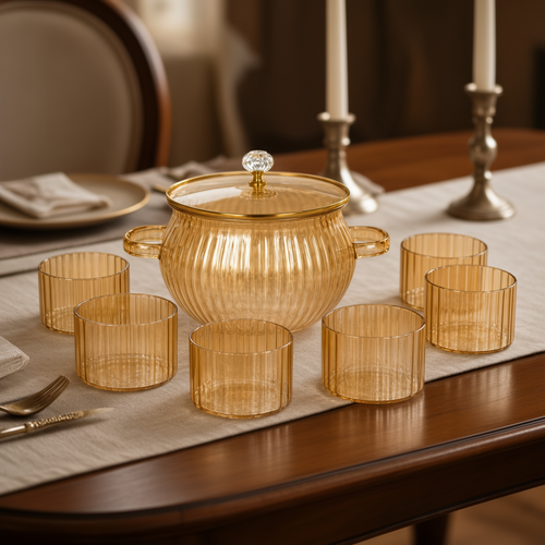 Artisan Fluted Gold-Amber Soup Tureen & 6-Bowl Serving Set