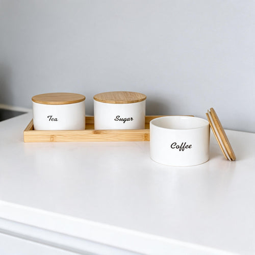 Luxury White Kitchen Storage Jar Set with Natural Wooden Tray Set of 3