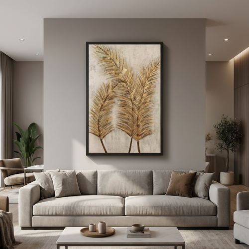 Golden Palm Leaf Textured Canvas Wall Art