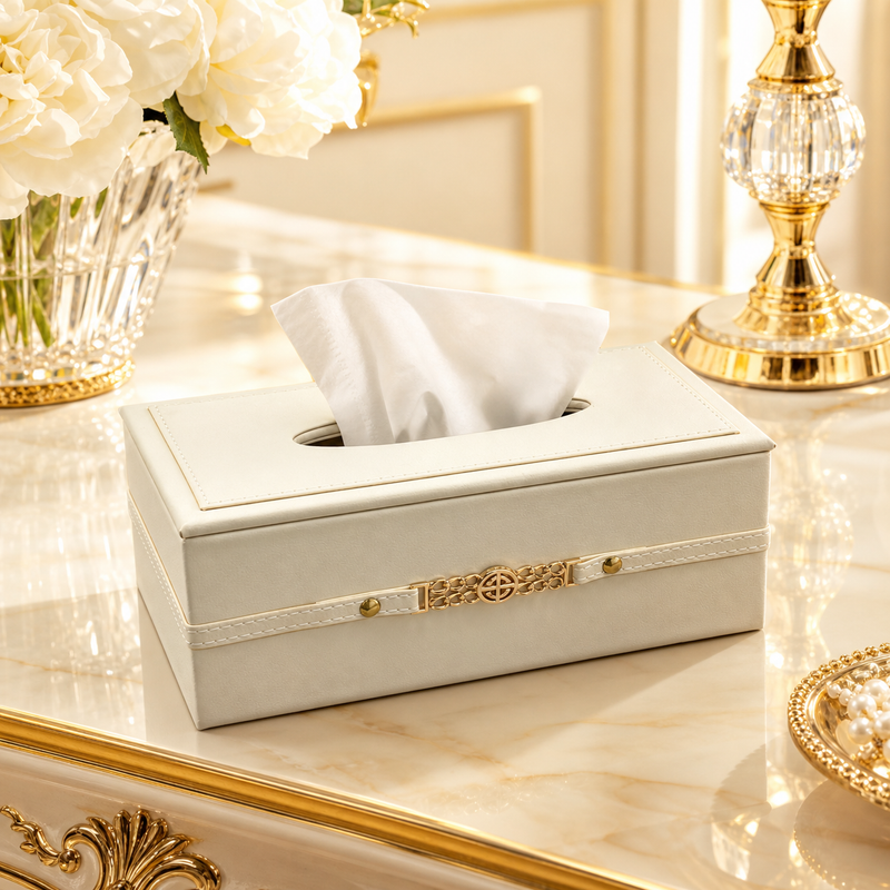 Modern Textured Tissue Dispenser – Off-White & Gold Accent