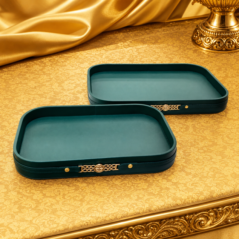 Luxury Emerald Green Faux Leather Decorative Trays with Gold Emblem Set of 2
