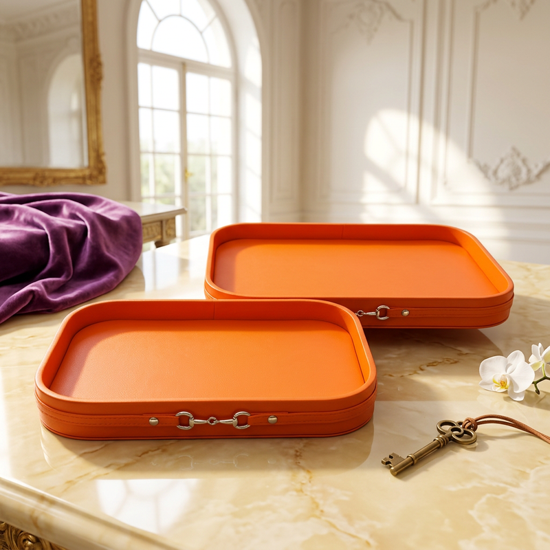 Luxury Burnt Orange Faux Leather Decorative Trays with Metallic Accent Set of 2