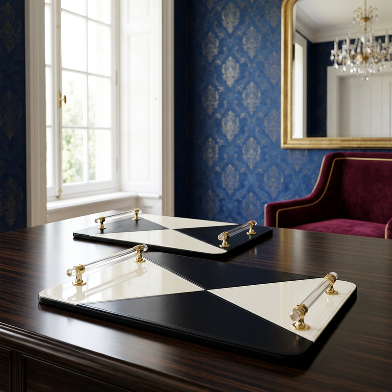 Modern Monochrome Faux Leather Serving Trays with Acrylic & Gold Handles Set of 2