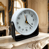 Modern Minimalist Round Tabletop Clock with Stitched Black Leatherette Stand