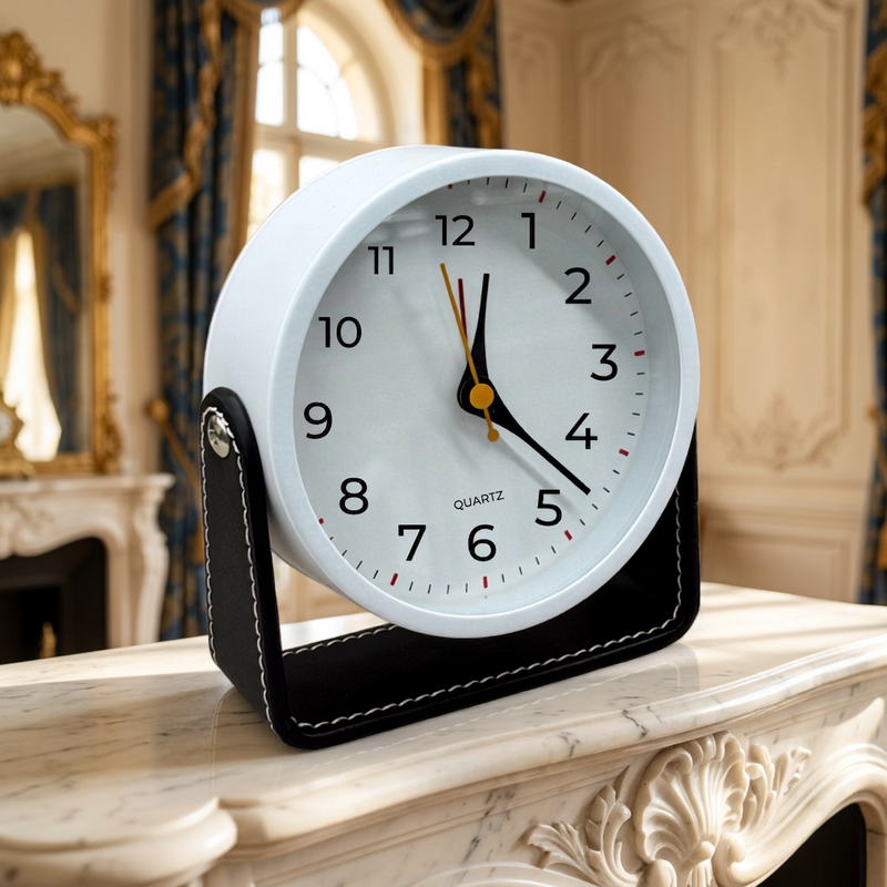 Modern Minimalist Round Tabletop Clock with Stitched Black Leatherette Stand