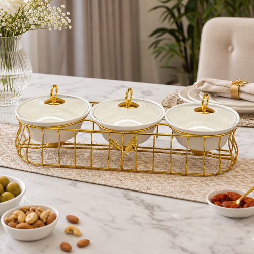 Luxury 3 Bowl Casserole Server Set with Gold Stand & Glass Lids