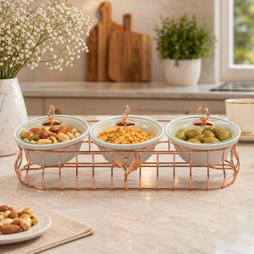 Luxury 3 Bowl Casserole Server Set with Gold Stand & Glass Lids