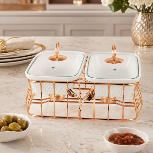 Luxury 2 Bowl Square Casserole Server Set with Glass Lids