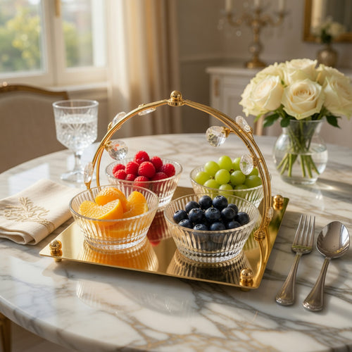 4-Bowl Crystal Serving Set with Decorative Gold Tray & Handle