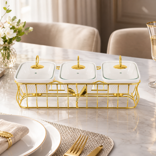 Luxury 3 Bowl Square Casserole Server Set with Glass Lids