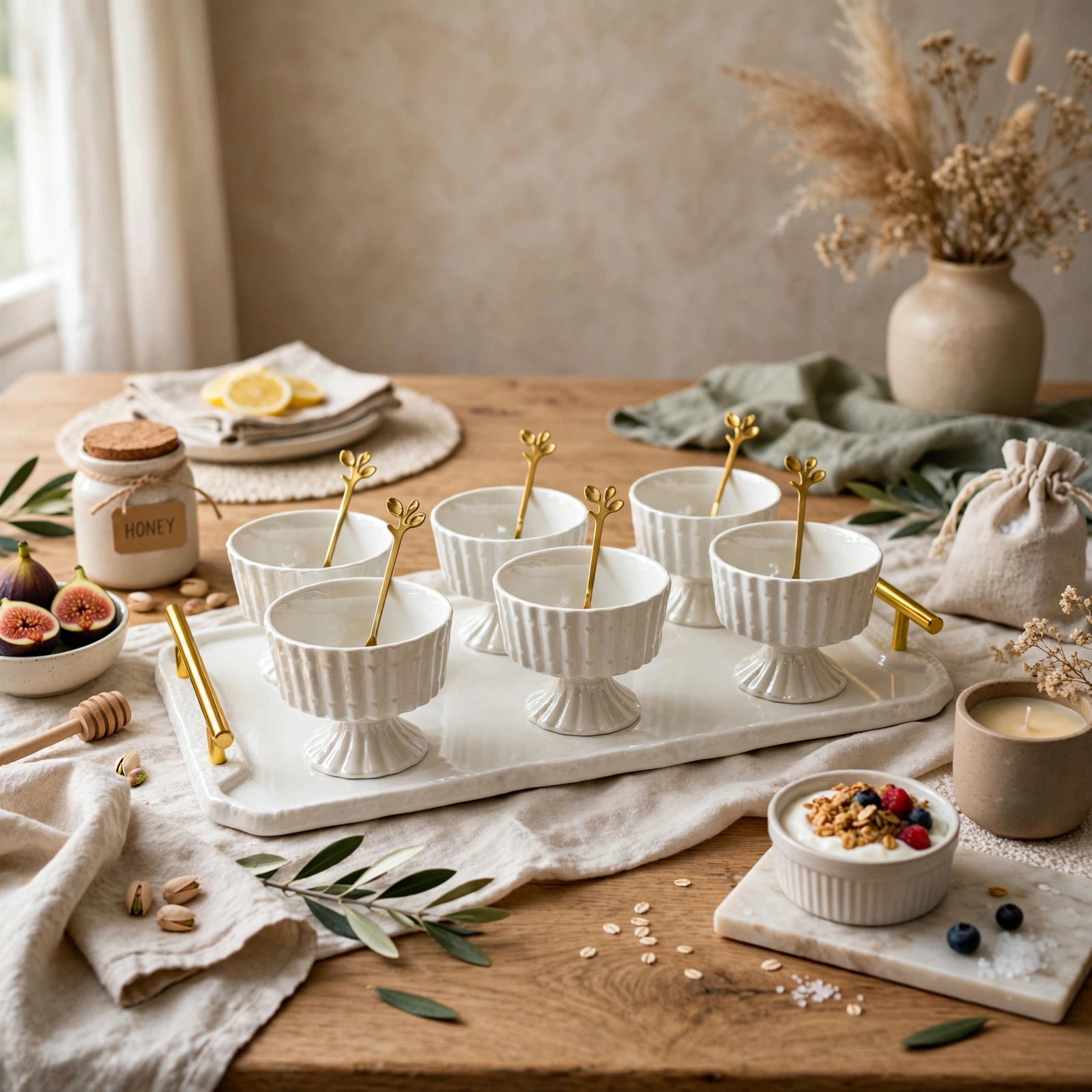 Elegant Ice Cream Cups with Gold Leaf Spoons & Tray 13 Piece