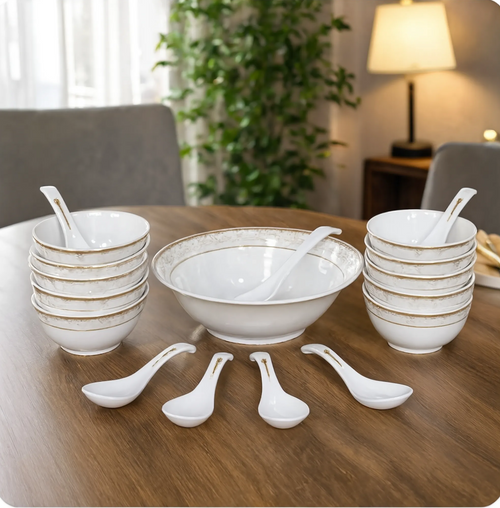 Elegant Ceramic Soup Bowl and Spoon Set 14 Piece