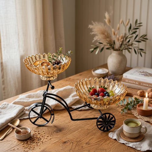 Bicycle Dual Amber Glass Serving Bowls with Stand