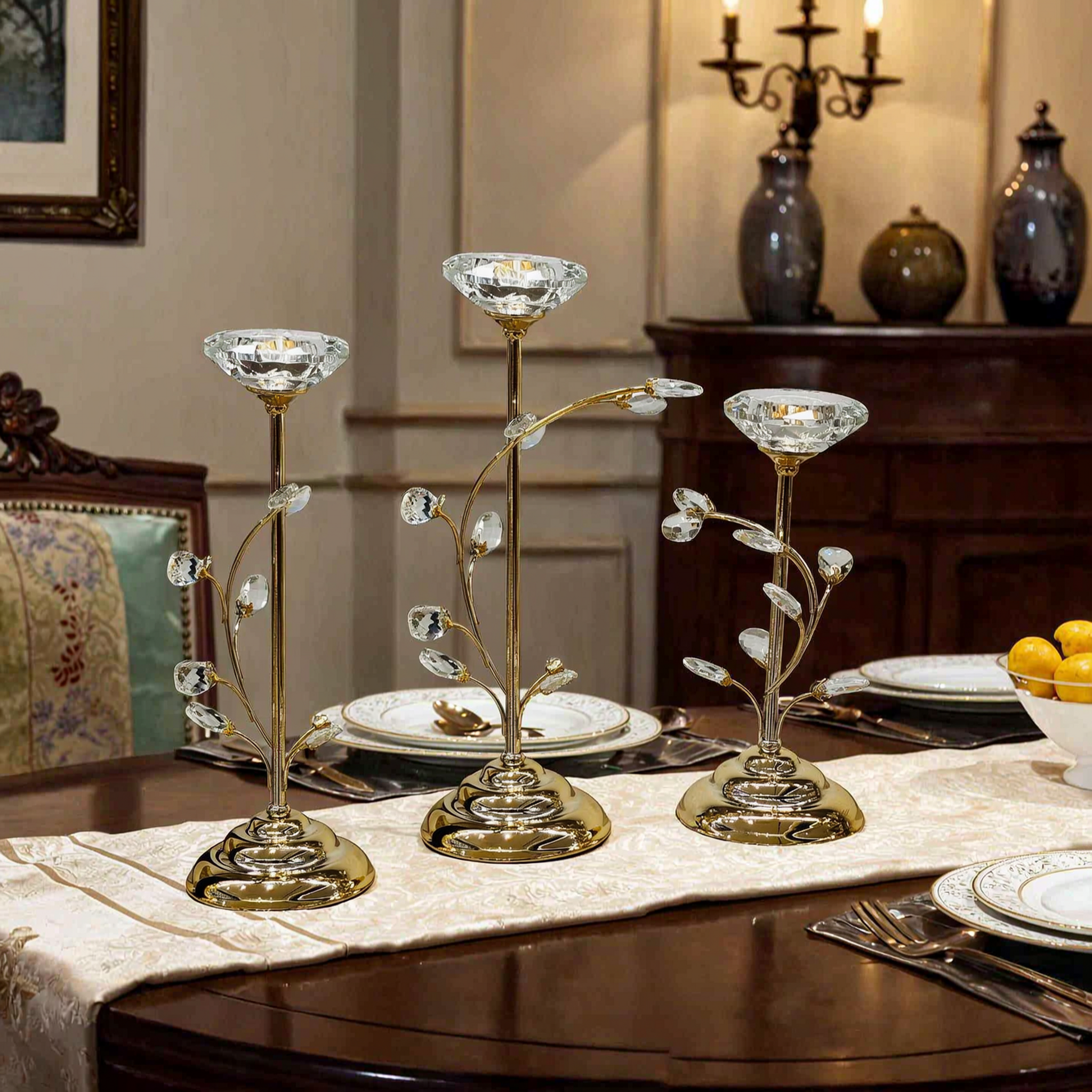 Majestic Floral Gold Candle Stand Set of 3
