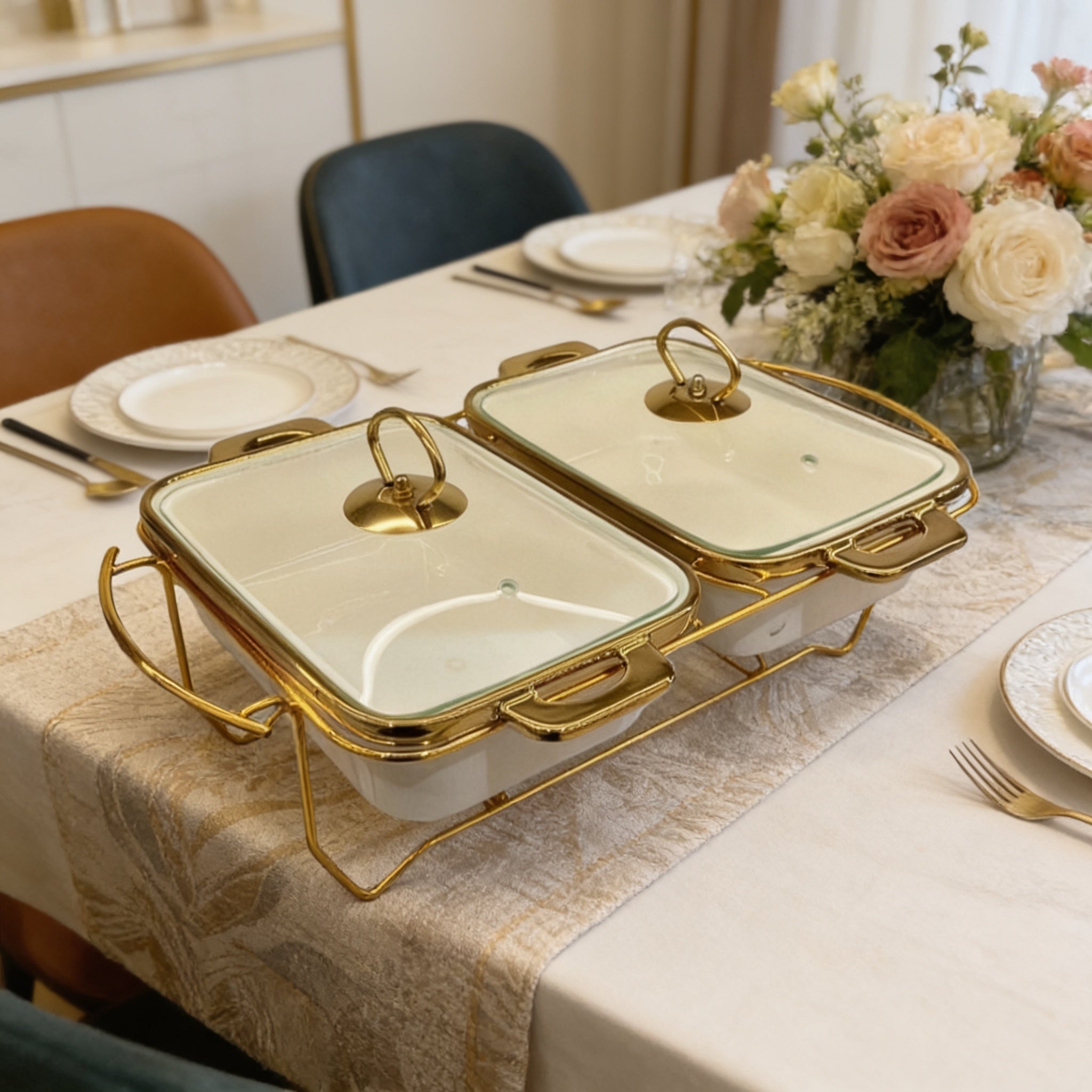 Imperial Double Casserole Dish with Gold Finish Stand Set of 2