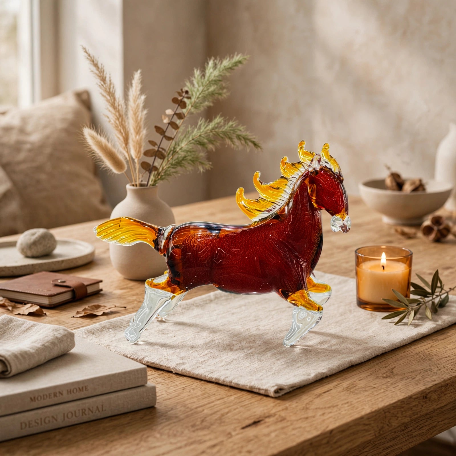 Amber & Crimson Red Art Glass Horse Sculpture