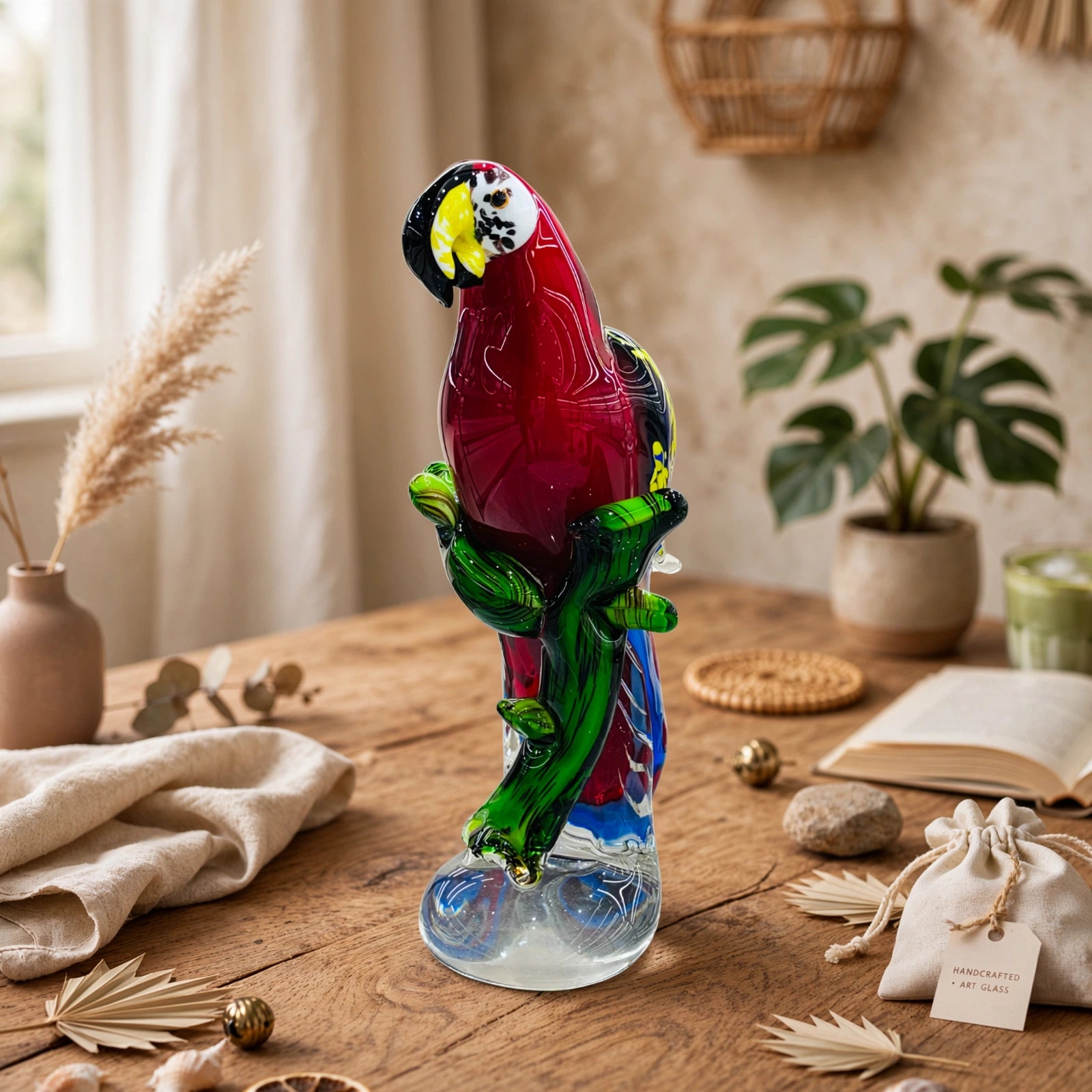 Modern Glass Parrot on Branch Figurine