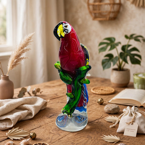 Modern Glass Parrot on Branch Figurine