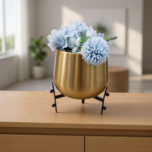Mid Century Metallic Vase with Black Accent Stand