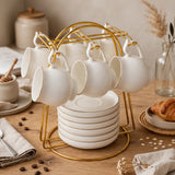 Elegant Teacup and Saucer Set with Gold Display Stand 13 Piece