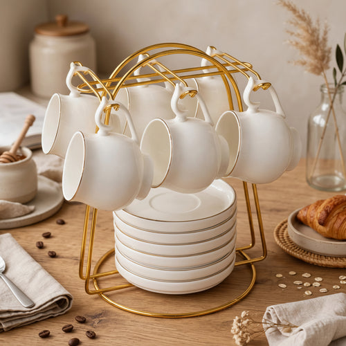 Elegant Teacup and Saucer Set with Gold Display Stand 13 Piece