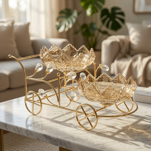 Luxury 2-Tier Lotus Glass Serving Bowls with Gold Cart