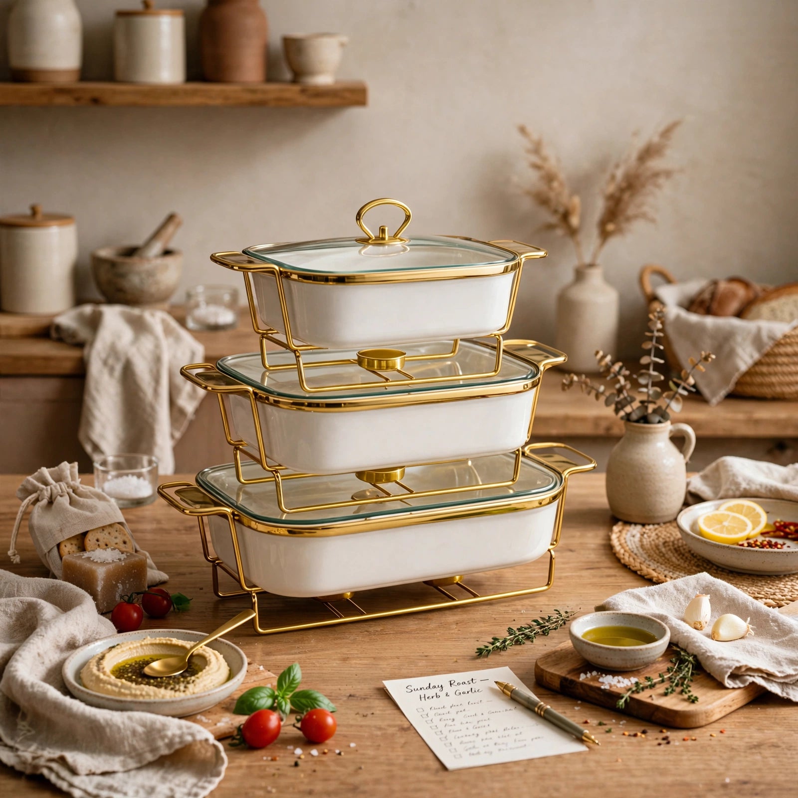 Elegant 3-Tier Ceramic Chafing Dish Set with Gold Stand Set of 3