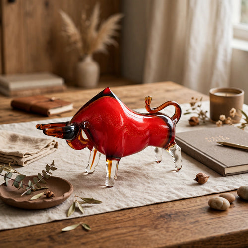 Vibrant Crimson Red Glass Bull Figurine