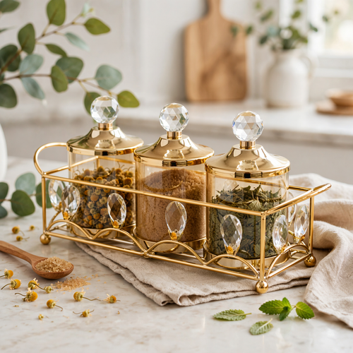 3 Piece Gold Jar Set with Crystal Knobs and Serving Tray