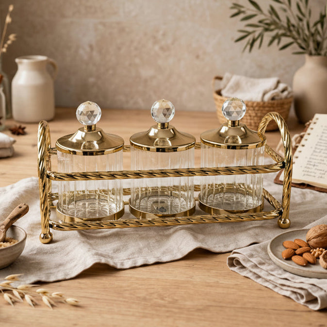Luxury 3 Piece Glass Jar Set with Gold Carrier