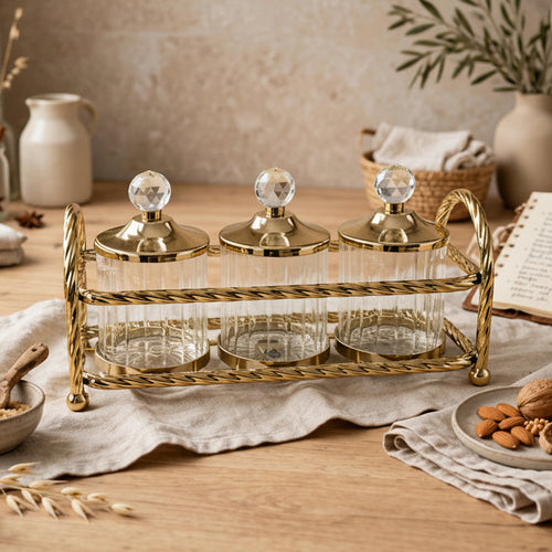 Luxury 3 Piece Glass Jar Set with Gold Carrier