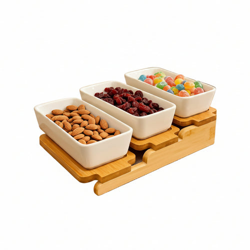 Elegant Triple Ceramic Platter with Bamboo Stand
