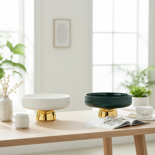 Elegant Ceramic Serving Bowl with Golden Base