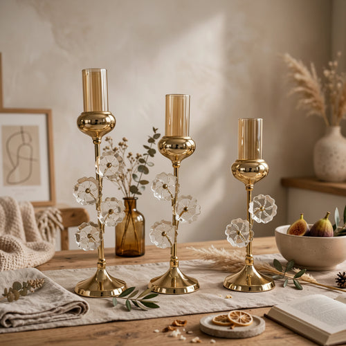 Modern Gold Trio Flower Stem Candle Holder Set of 3