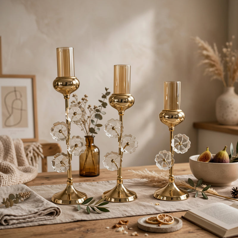Modern Gold Trio Flower Stem Candle Holder Set of 3