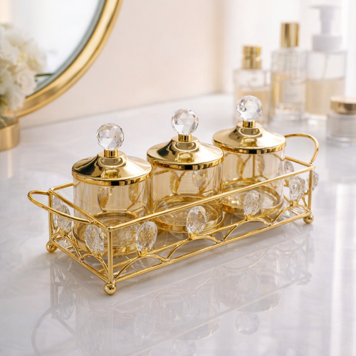 3 Piece Gold Jar Set with Crystal Knobs and Serving Tray