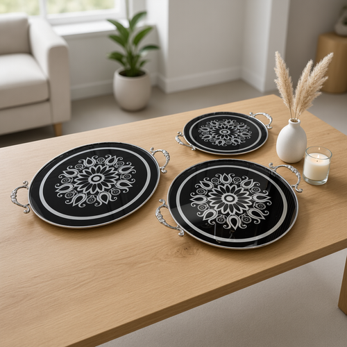 Elegant Round Black Gloss Serving Tray Set of 3