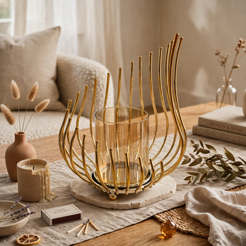 Elegant Gold Metal & Glass Decorative Candle Holder