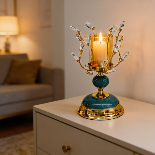 Imperial Teal & Gold Crystal Branch Candle Holder