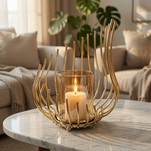 Elegant Gold Metal & Glass Decorative Candle Holder