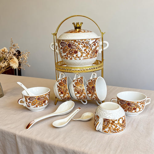 Imperial Paisley Ceramic Soup & Serving Set with Gilded Stand