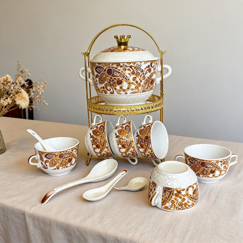 Imperial Paisley Ceramic Soup & Serving Set with Gilded Stand