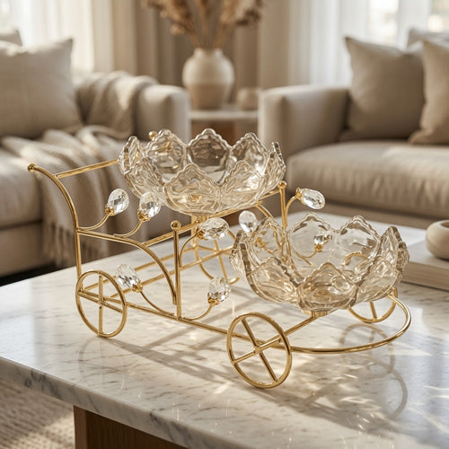 Luxury 2-Tier Lotus Glass Serving Bowls with Gold Cart