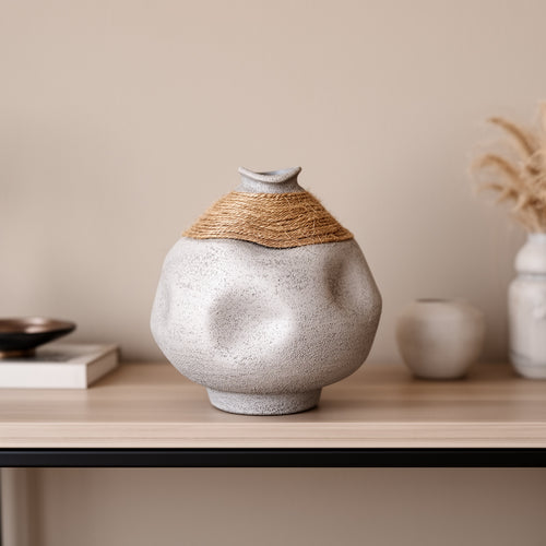 Matte Grey Vase with Jute Detail