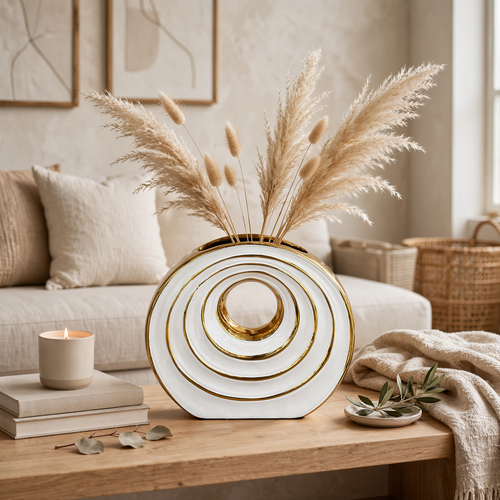 Elegant Concentric Ring Vase in White & Gold